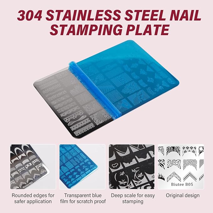 Biutee Nail Stamping Plates 2Pcs French Tip Stamp Plate 110 Patterns Nail Stamping Kit With Silicone Stamper Scraper Large Lace Line Flower Nail Art Stamping Template Christmas Holiday Gift for Women