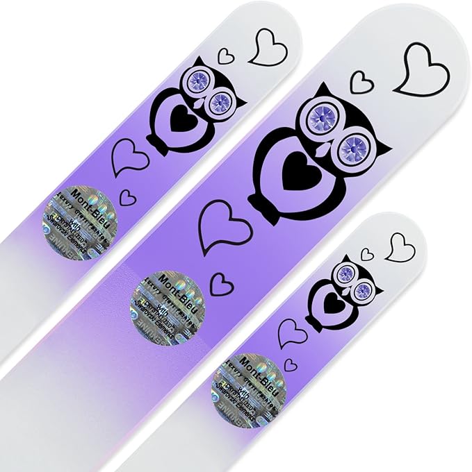 Mont Bleu Set of 3 Owls Crystal Nail Files hand decorated with crystals - Handmade - Czech Tempered Glass