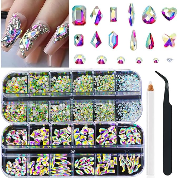2680Pcs AB Nail Rhinestones, Big Colorful AB Nail Charms, Diamond Gems Stones with 2560Pcs AB Flatback Round Beads, Clear Acrylic Colored Glass Jewelry for Nails Faces Eyes Makeup Decoration
