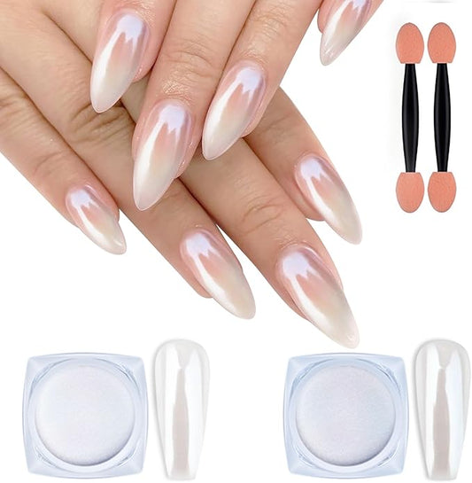 Artdone 2PCS White Pearl Chrome Nail Powder,Iridescent Aurora Powder Metallic Mirror Effect Pigment Pearlescent Mermaid Pigmen for Nail Art Manicure Decoration Sets