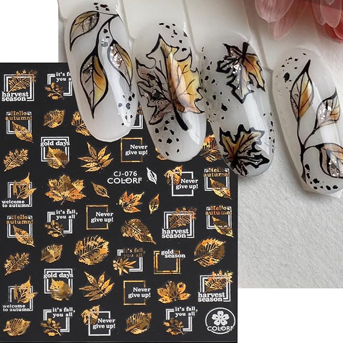 Maple Leaf Nail Art Stickers Decals Fall Nail Stickers 6PCS Golden Autumn Leaves Pine Nut Squirrel Autumn Nails Design Thanksgiving Day Nail Art Supplies Fall Stickers for Nails Manicure Decor