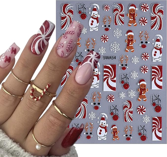 8 Sheets Cartoon Christmas Nail Art Stickers 3D Self-Adhesive Snowflake Snowman Nail Stickers Glitter Christmas Lamp Ball Nail Decals Acrylic Nail Supplies for Women Girls DIY Manicure Decoration