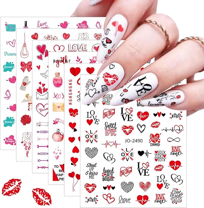 6 Valentine's Day Nail Art Stickers 3D Self-Adhesive Sexy Lips Nail Stickers Red Love Rose Kiss Angel Letter Heart Shape DIY Nail Design Decoration Women's Valentine's Day