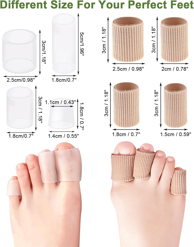 16PCS Silicone Toe Sleeves Gel Corn Protectors Toe Tube Cushions with 4 Size, Soft Corn Pads Covers for Women Men Pain Relief, Calluses, Blisters, Bunion, Hammer (8gel+8nylon)