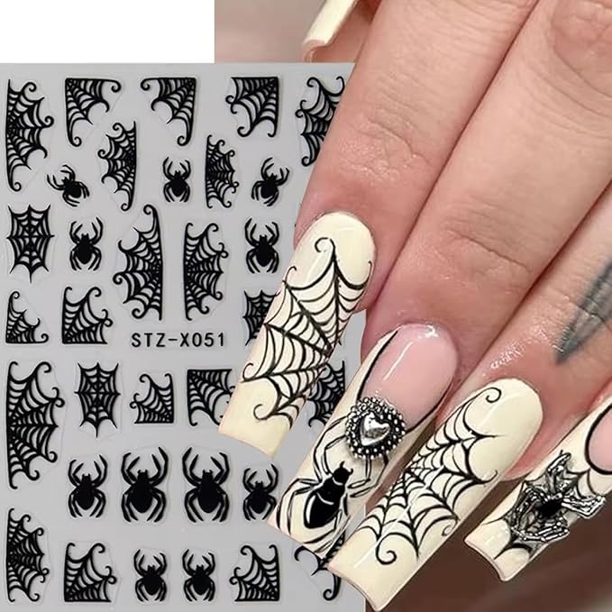 8Sheets Spider Web Nail Stickers, Halloween Decals for Nail Art - Black Stars, Moon, Flame Design - DIY Manicure Charms for Holiday Decoration Accessories