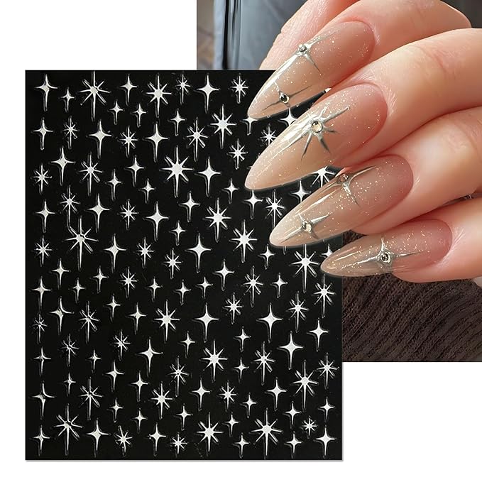 Star Nail Art Stickers - Colorful Shiny Starlight Self-Adhesive Glitter Sparkle Nail Decals for DIY Silver Gold White Black Manicure (6 Sheets)