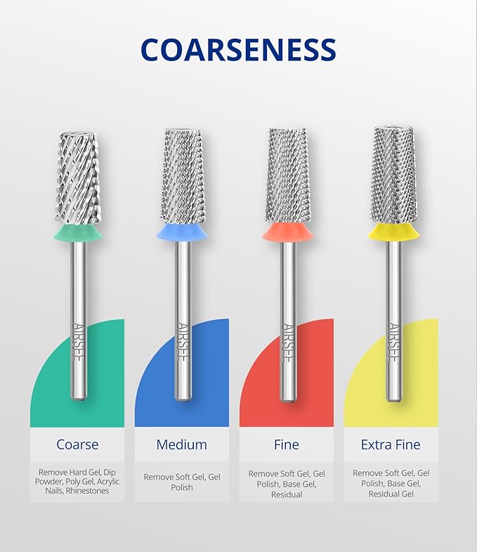 AIRSEE Tungsten Carbide Acrylic Nail Drill Bit Efile Electric File Machine Head Tip for Manicure Polishing Art Remove Gel 3/32" 2 Way Professional Tech Flat Top Tapered Barrel Fine-F