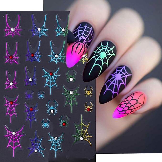 5 Sheets Halloween Gold Nails Stickers Spider Wed Nails Art Stickers 3D Self-Adhesive Supplies Nail Decal with Rhinestones Bow Heart Design Nails Sticker for Nail Art Women's DIY Decoration