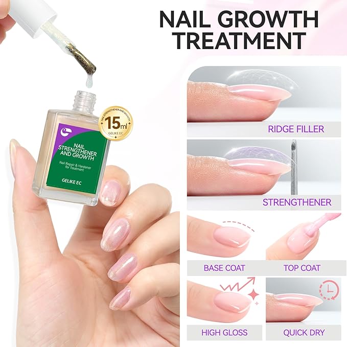 Nail Polish Strengthener and Growth Treatment: Glittering Gelike EC 6 in 1 Natural Nail Hardener Extra Strong and Growth - Long Lasting Nail Repair for Damaged Nails - For Daily Work Home Salon
