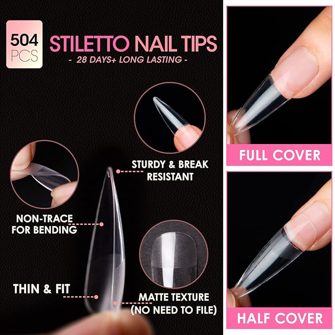 Gellen Stiletto Fake Nails 504Pcs Nail Tips, Acrylic Nail Kit Stiletto Pre-Shaped Press On Nails, Clear False Nail Extension Kit, Full Cover Soft Gel Nail Tips, Salon Nail Art Manicure Set, 12 Sizes