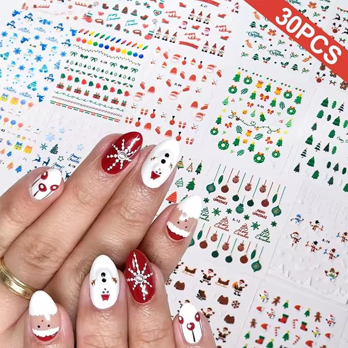 30 Sheets Christmas Nail Art Stickers Decals 3D Self Adhesive Christmas Nail Decals Santa Claus Elk Snowman Christmas Tree Nail Decorations Winter Nail Stickers for Women DIY Acrylic Nail Supplies