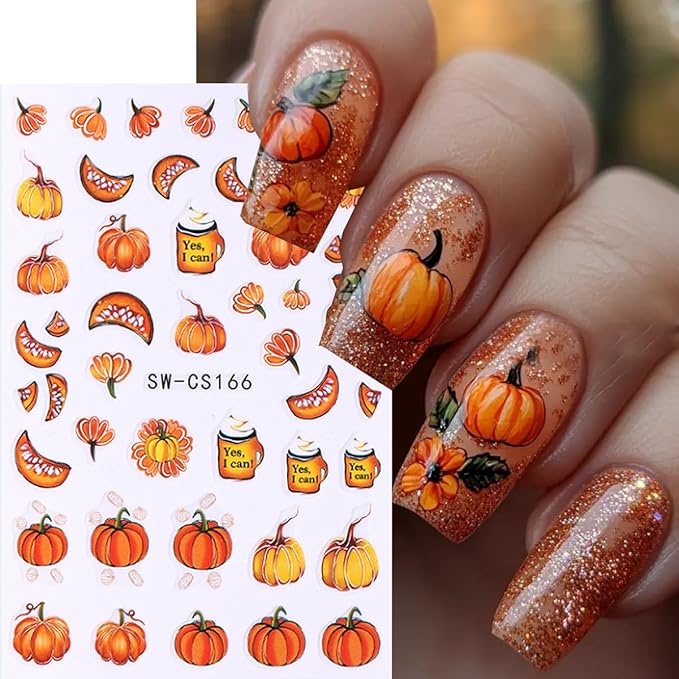 Pumpkin Nail Stickers Fall Nail Decals Maple Nail Art Stickers Glitter Leaves Nut Orange Design Thanksgiving Fall Nail Sticker for Nail Art 3D Self Adhesive for Women DIY Holiday Manicure Supplies