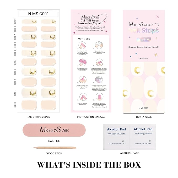 MelodySusie Semi Cured Gel Nail Strips, 20 PCS Gel Nail Stickers, UV Light Required, Durable and Salon Quality (Crystal Moon)