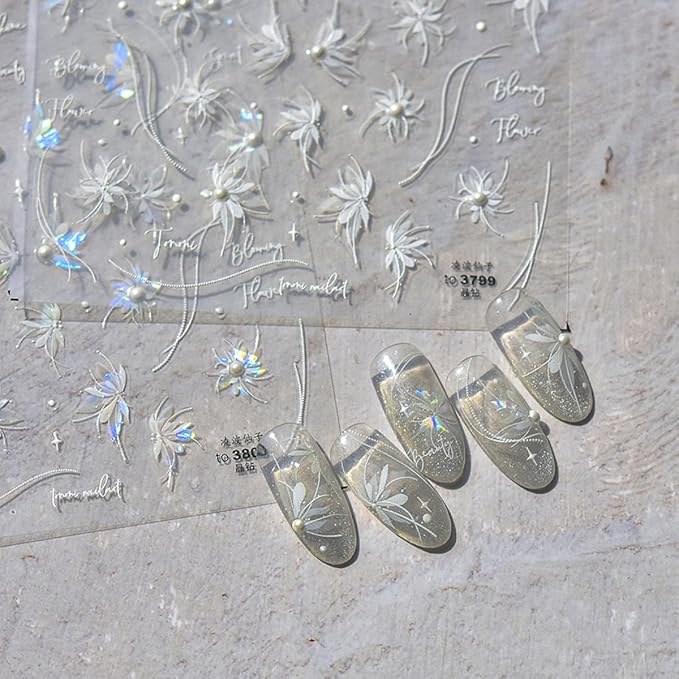 1 Sheet Shell Light Flower Nail Sticker with Rhinestone Design, White Line Nail Decals, 5D Embossed Self-Adhesive Nail Design Stickers for Women Daily DIY Manicure Decoration Supplies