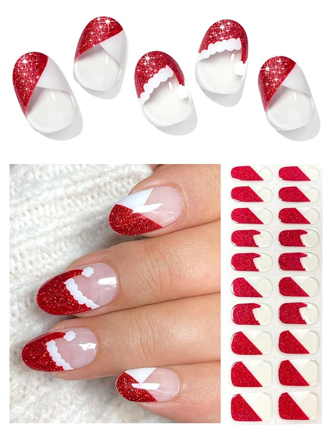Semi Cured Gel Nail Strips (Santa Hat French), Red Glitter, 20 Pcs Christmas Gel Nail Wraps, Stickers, UV Light Required, Salon Quality