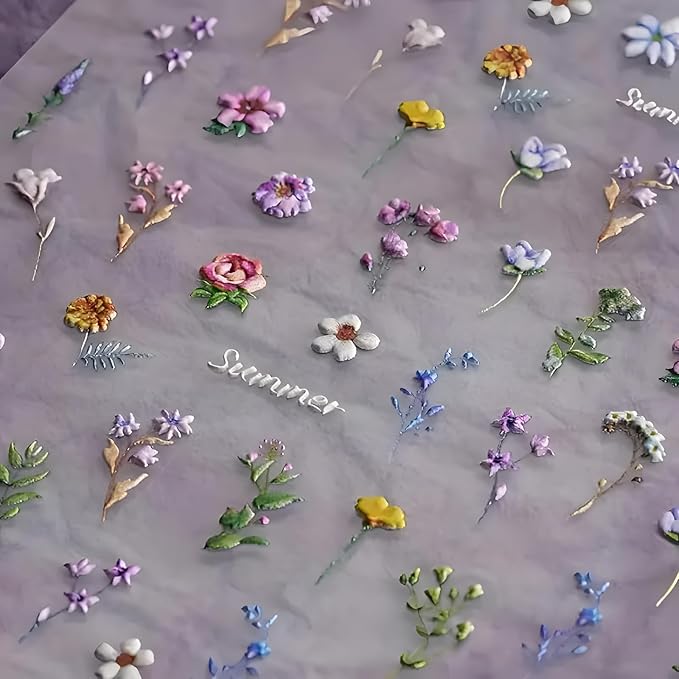 Flower Nail Art Stickers Decals 5D Embossed Self Adhesive Flower Nail Stickers for Nail Art Spring Summer Nail Decals Colorful Floral Nail Supplies Decoration for Women and Girls 2 Sheets