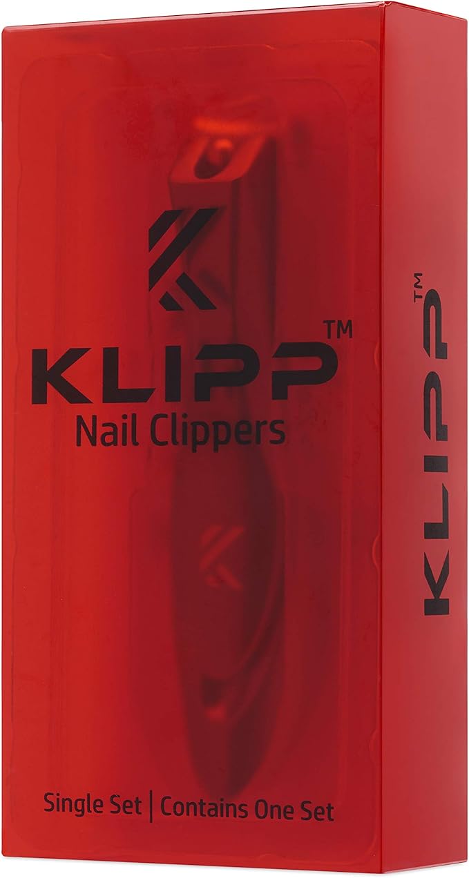 Nail Clippers with Catcher – KLIPP Heavy Duty Stainless Steel Fingernail and Toe Nail Cutter with Curved Surgical Blades and Built-in Nail File – Ergonomic Handle with Wide Jaws for Thick Nails