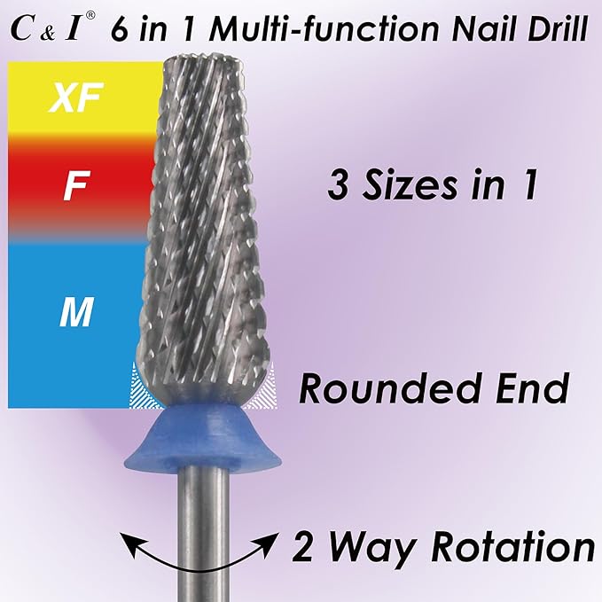 C & I Nail Drill Bit 6 in 1 Multi-function Rounded End E File, Tungsten Steel CNC Overall Cutting, Manicure Tool for Nail Tech Quick Remove Nail Gels, Acrylic Nails (Original, Middle -M)