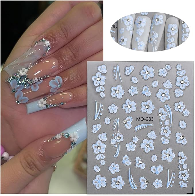 6Sheets Hibiscus Flower Nail Stickers, 3D Self-Adhesive Nails with Luxury Rhinestones - Blue Pink Nail Set Supplies for Women