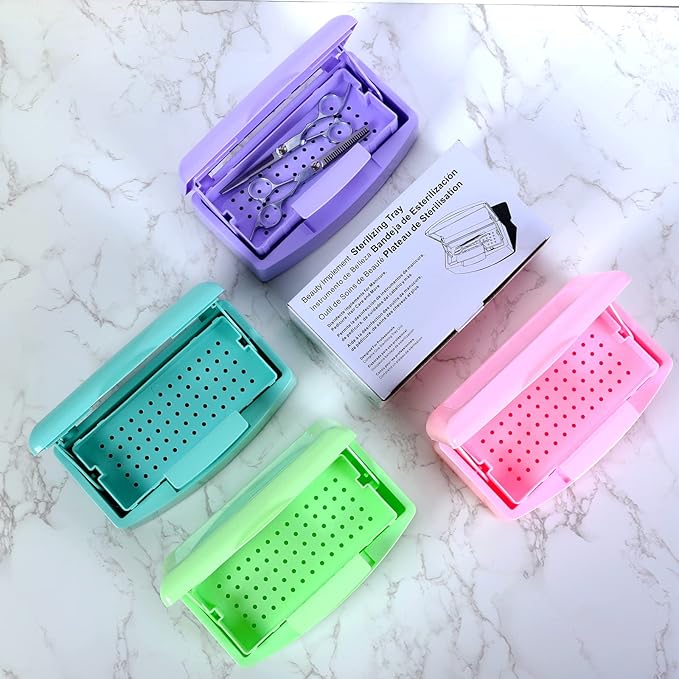 Plastic Sterilizing Tray-Barbicide Sterilization Tray,Clean Sterilizer Box Storage Organizer for Nail,Tweezers,Hair Salon,Spa & Cutter Manicure Equipment-Clear Lid Pink