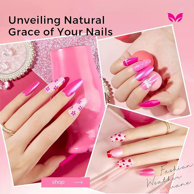 Morovan Pink Nail Polish Set: 6 Colors Neon Hot Pink Nail Polish Glitter Pearl Bright Iridescent Quick Dry Fuchsia Mini Pack Shimmer Manicurist Valentine's Day Gift for Women Girls