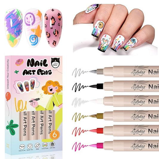 6 Color 3D Nail Art Pens Set, 0.7MM Nail Polish Pens Quick-Drying Acrylic Paint Markers, DIY Nail Design for Dotting Drawing Painting Liner, Home & Salon Manicure Tools Halloween Beginners Gifts