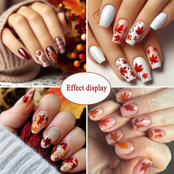 8 Sheets Fall Nail Stickers for Nail Art 3D Magic Maple Leaf Nail Decals Self-Adhesive Hot Stamping Leaves Nail Stickers Fall Ginkgo Leaf Design Sticker for Women Thanksgiving Manicure Decoration