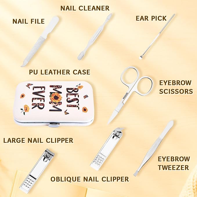 Best Mom Ever Gifts - Manicure Set 7-Piece Stainless Steel Nail Clipper Kit for Women - Sunflower Leopard Design Travel Nail Care Gift for Mom, Wife, Grandma - Mother’s Day Appreciation Gift