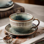 10Oz ceramic coffee cup and saucer sets, elegant striped pattern, unique kiln - Image 7