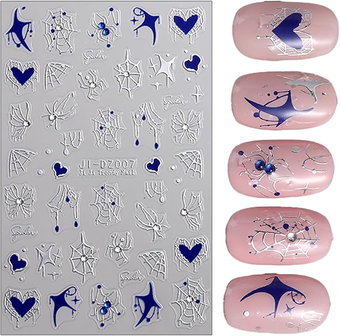 Halloween Nail Stickers 3D Self-Adhesive Spider Web Spider Rhinestone Nail Art Stickers Design Spider Nail Decals Holiday Acrylic Nails DIY Decoration Kit Fall Manicure Supplies for Women 6 Sheets