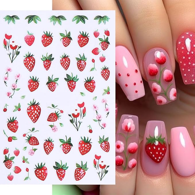6 Sheets Fruit Nail Art Stickers Decals, 3D Self-Adhesive Embossed Lemon Strawberry Blueberry Stickers Nail Stickers for Women DIY Summer Manicure Decorations