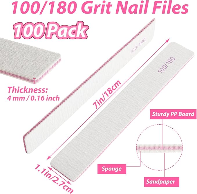 100 Pack Nail Files 100/180, Grit Double Sides Emery Boards, 100/180 Grit Nail Files, Coarse Emery Boards for Acrylic Nails and Gel Nails Home and Salon Supplies