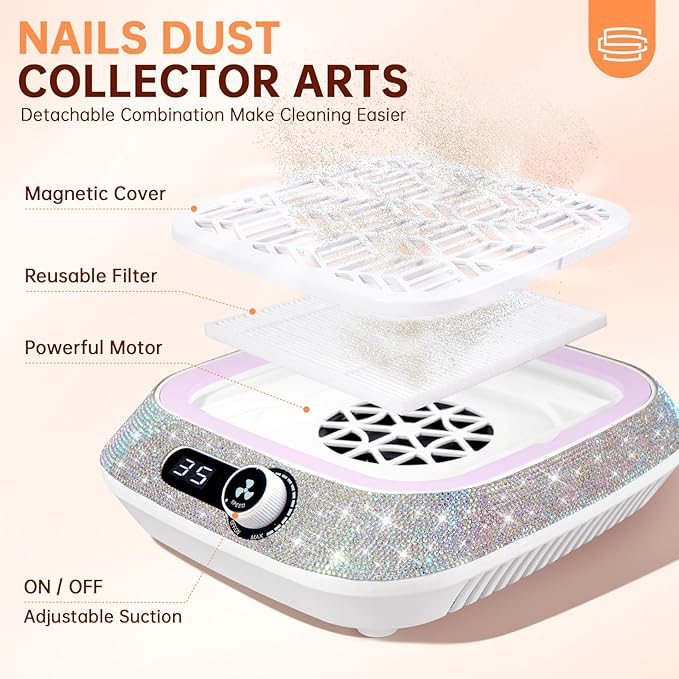 Cordless Nail Dust Collector,Rechargeable Dust Collector Nail Tech with Reusable Filter,Compact Vacuum Fan Dust Collector Manicure Pedicure Tool for Acrylic Nail Polishing,Salon&Home