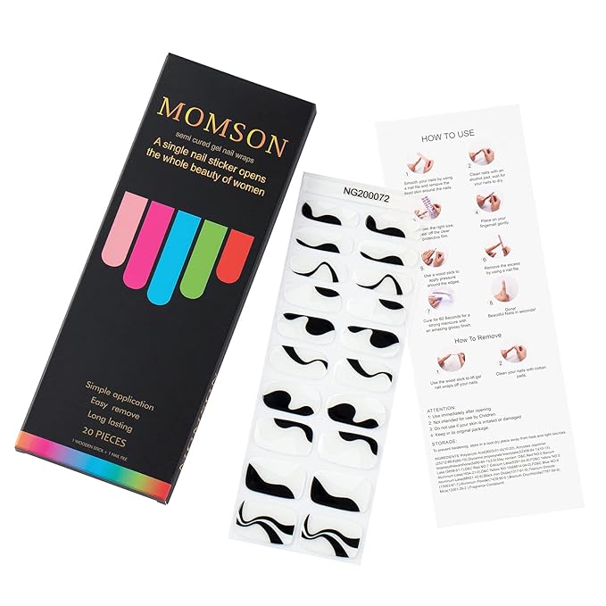 MOMSON Semi Cured Gel Nail Strips - 20 Real Gel Nail Polish Stickers/Full Nail Wraps - Art Manicure Kits for DIY at Home, Salon-Quality, Easy to Apply & Remove (Transparent, White & Black)