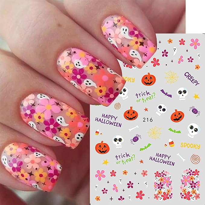 6 Sheets Rhinestones Halloween Stickers 3D Self Adhesive Pink Ghost Nail Art Stickers Glitter Pumpkin Charms Nail Decals Spooky for Women Halloween DIY Manicure Salon