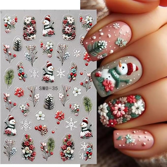 4Pcs Christmas Nail Stickers Red Bow Christmas Tree Leaf Nail Decals DIY Self Adhesive Snowflake Flower Group Cute Snowman Design Nail Decoration Supplies Holiday Manicure Accessories for Women