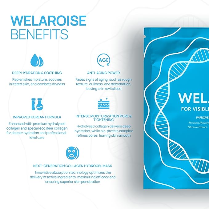 Welaroise Bio Protein Collagen Hydrogel Deep Face Mask - 35% More Collagen, Intense Hydration & Moisturization, Firming, Anti-Aging, Skin Renewal, Korean Skincare (Pack of 5)