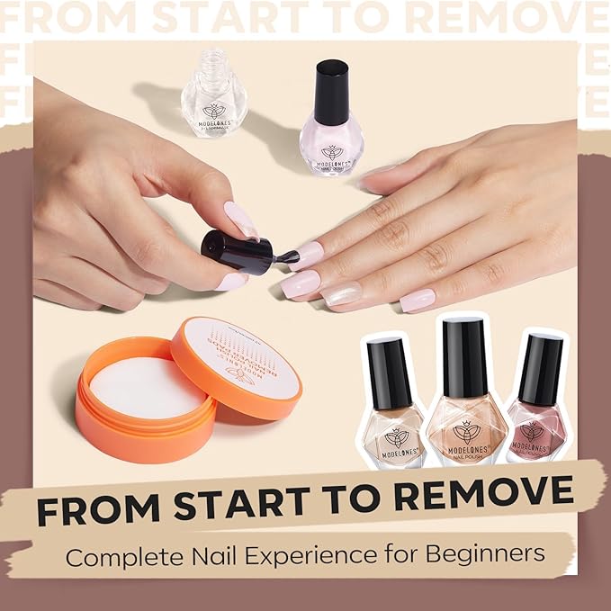Modelones Nail Polish Set with Base & Top Coat and 42 Pcs Remover Pads, 3 Colors Champagne Glitter Quick Dry Nail Polish Mini Starter Kit Manicure DIY Nail Art Salon Home Gift For Women Girl