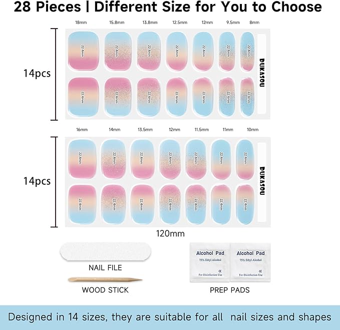 Semi Cured Gel Nails Strips - 28 pcs UV Gel Nail Stickers for Women Work with Any UV Lamp, Long Lasting Nail Wraps for Home DIY Nails Art