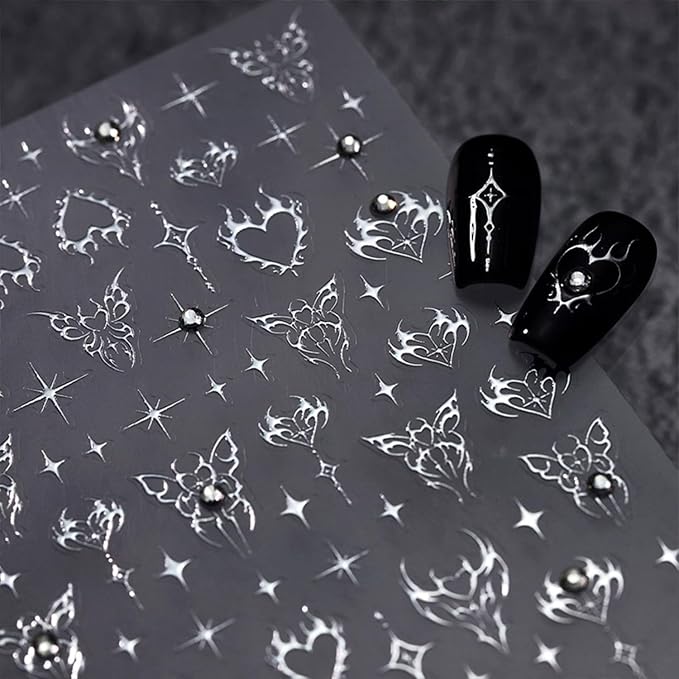 Silver Nail Art Sticker Decals Star Nail Stickers Butterfly and Heart with Design Self Adhesive Nail Decals 5D Embossed Rhinestone Manicure DIY Supply Decoration Accessories for Women