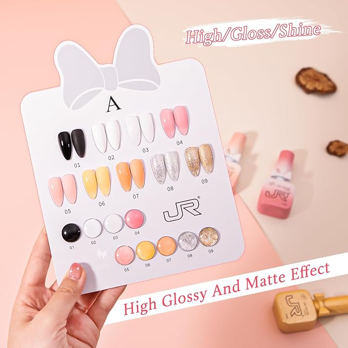 JR 9pcs 15ml Gel Polish Set Black Milky White Nude Pink Glitter Color Jelly Gel Polish Kit UV LED Soak Off Polish Nail Art Manicure Salon DIY Home
