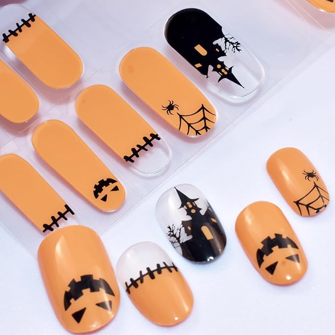 Semi Cured Gel Nail Strips Orange Gel Nails Sticker 22pcs Halloween Spider Nail Wraps for Home Nails DIY