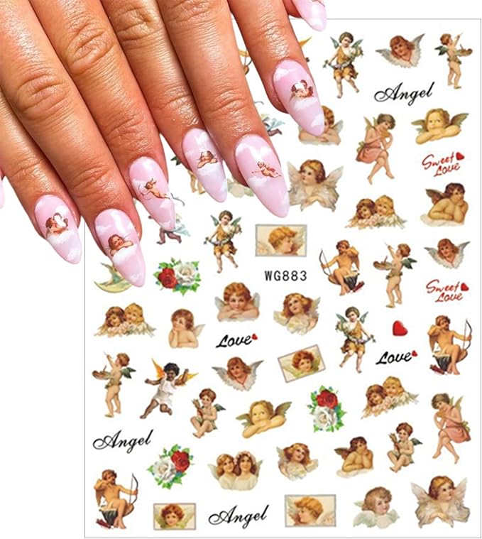 8 Sheets Angel Nail Art Stickers 3D Self-Adhesive Rose Flowers Nail Stickers Decals Cupid Love Heart Wings Nail Art Design Stickers Valentine's for Women Acrylic DIY Manicure Decorations