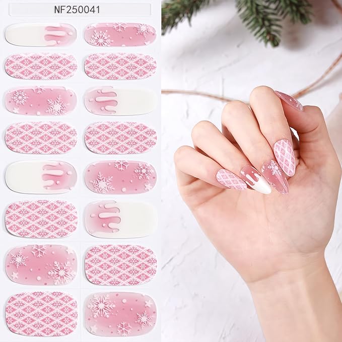 Christmas Semi Cured Gel Nail Strips, 16 Pcs Winter Xmas Gel Nail Stickers Snowflake Designs Wraps for UV/Led Manicure Lamp Nails Art Decorations