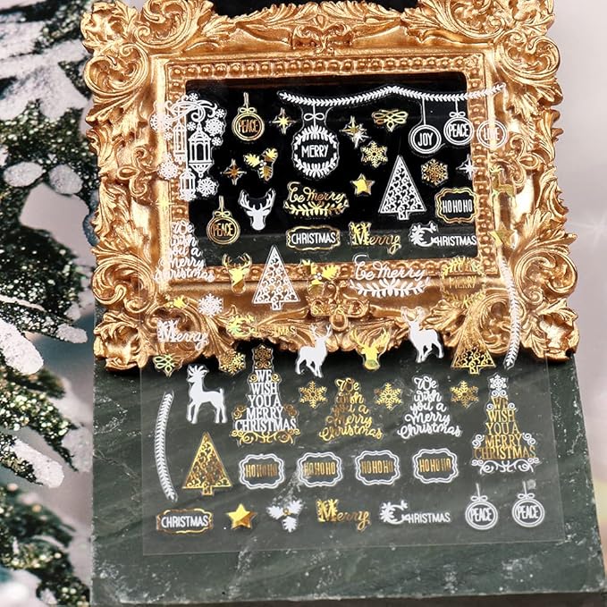 9 Sheets Christmas Nail Art Stickers Decals Self-Adhesive Pegatinas Uñas Gold White Nail Supplies Nail Art Design Decoration Accessories