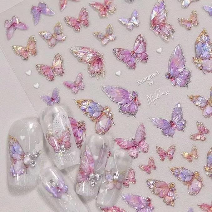 Butterfly Nail Art Stickers 5D Embossed Pink Butterfly Nail Decals Glitter Aurora Butterfly Nail Pattern Self-Adhesive Nail Art Supplies Butterfly Nail Stickers for Women Manicure DIY Nail Decoration