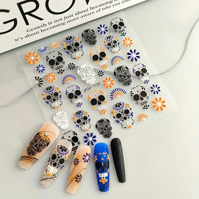 2 Sheets Halloween Skull Nail Stickers for Nail Art, 5D Embossed Black Orange White Nail Design Skull Nail Decals Skeleton Flowers Acrylic Nail Art Stickers Halloween Self-Adhesive Nail Art Supplies