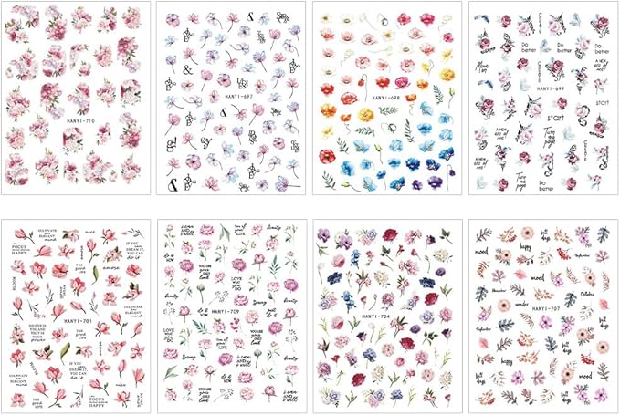Dornail 8 Sheets 3D Flower Nail Stickers - Spring & Summer Colorful Floral Nail Art Stickers with Blooming Florals & Leaf Designs for DIY Nail Decorations