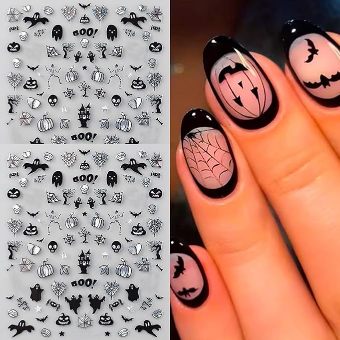 6Pcs Halloween Nail Stickers 3D Spider Web Skull Goth Nails Decals Black Skeleton Hand Bone Bat Spiders Nails Design Ghost Stickers Horror Halloween Nail Art Supplies for Women DIY Manicure Decoration