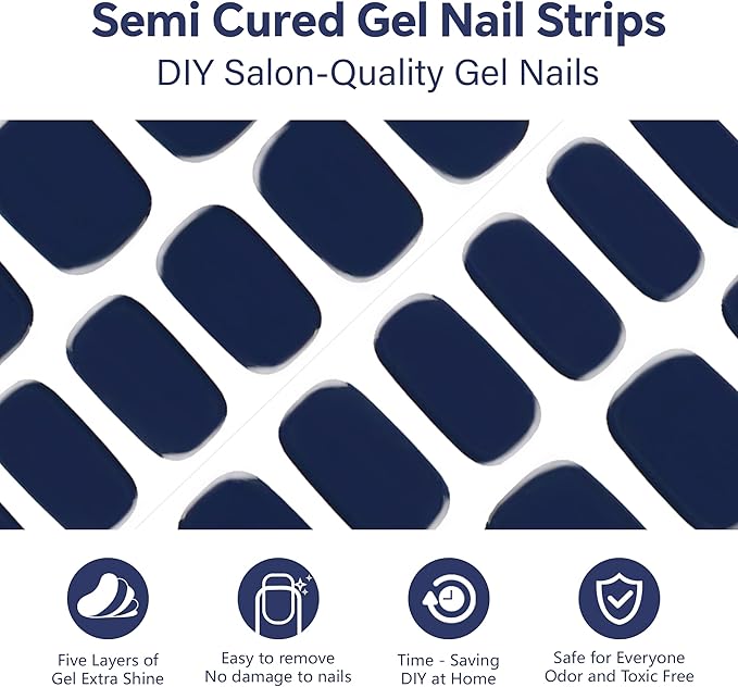 Semi Cured Gel Nail Strips - Dark, Patterned, Works with Any UV/LED Lamps, Salon-Quality, Long Lasting, Easy to Apply & Remove(Cream Indigo)